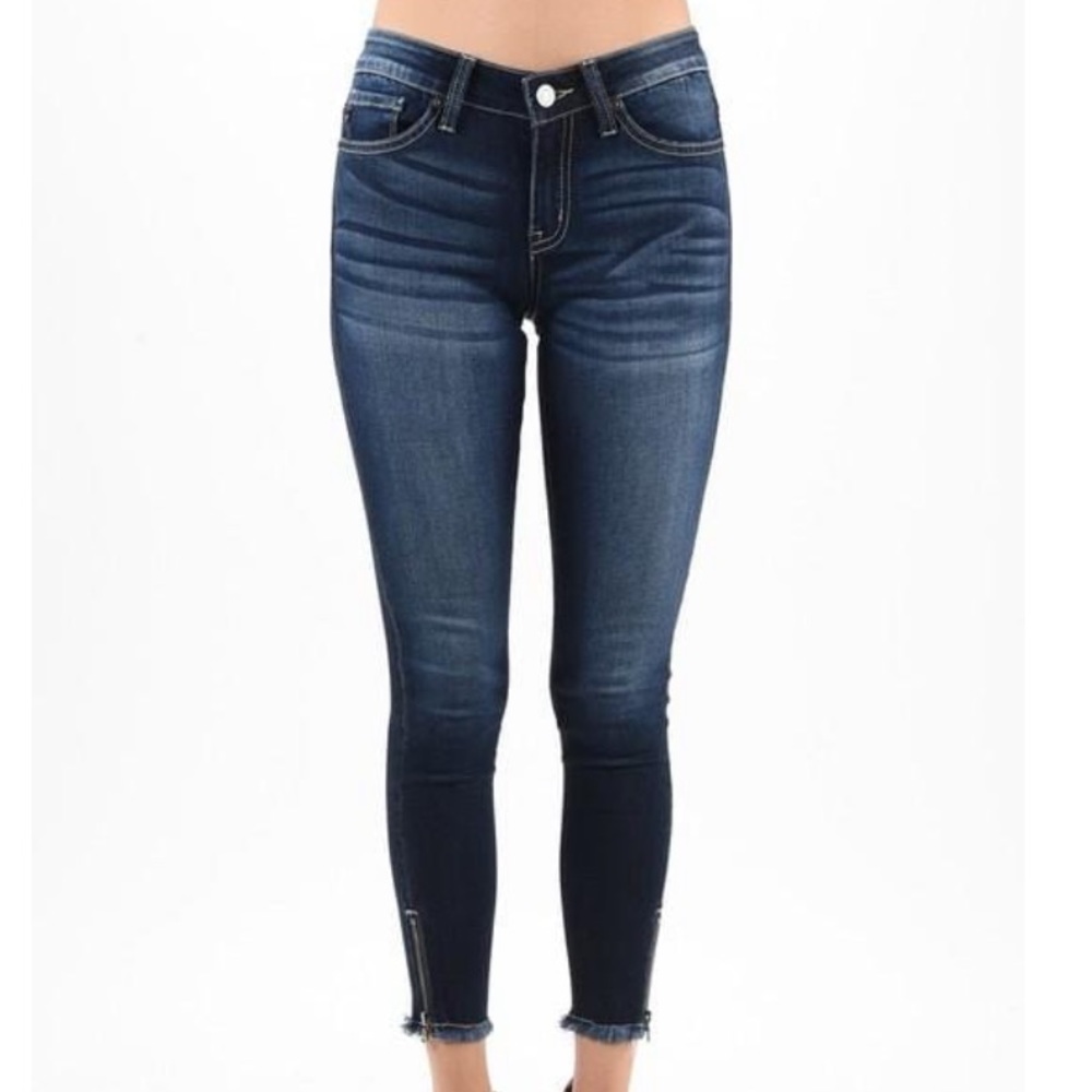 Kancan Mid-Rise Skinny Jeans with Ankle zipper & Fringe Hem